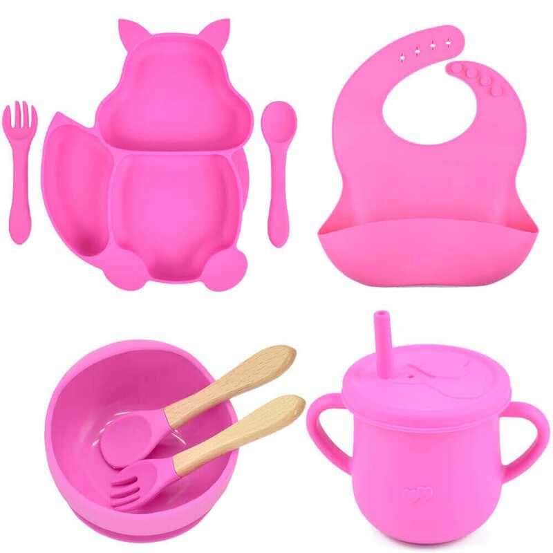 Kit 7 Pcs, Prato Formato Esquilo Com Ventosa, Babador, Conjunto Alimentação Para Bebê