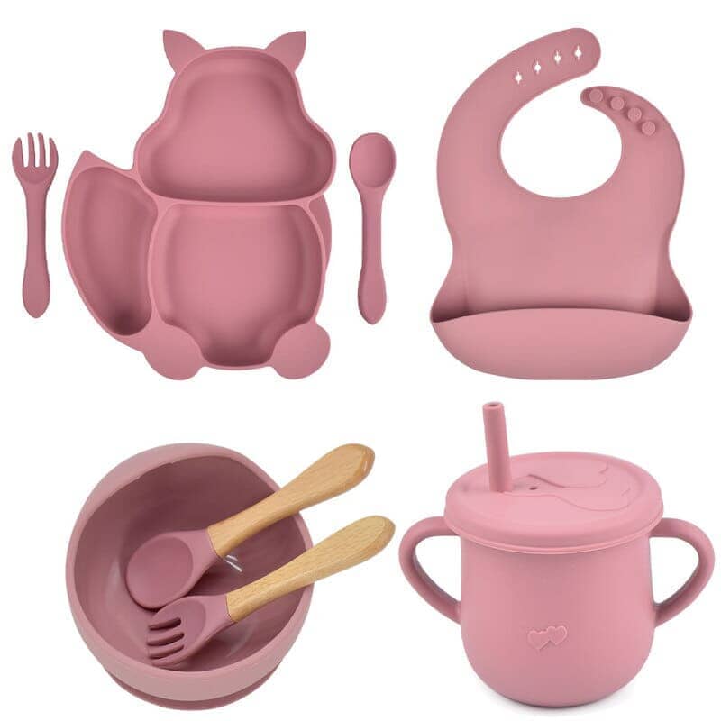 Kit 7 Pcs, Prato Formato Esquilo Com Ventosa, Babador, Conjunto Alimentação Para Bebê