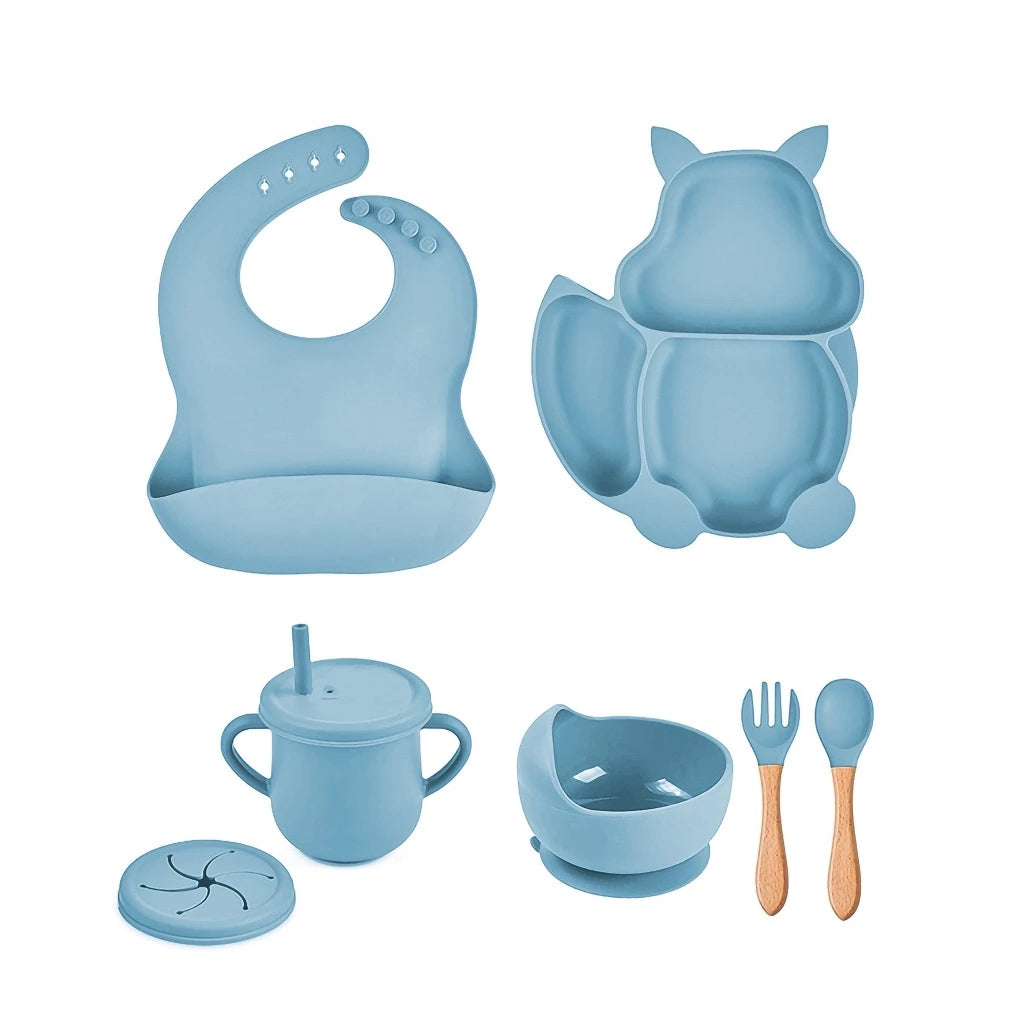 Kit 7 Pcs, Prato Formato Esquilo Com Ventosa, Babador, Conjunto Alimentação Para Bebê