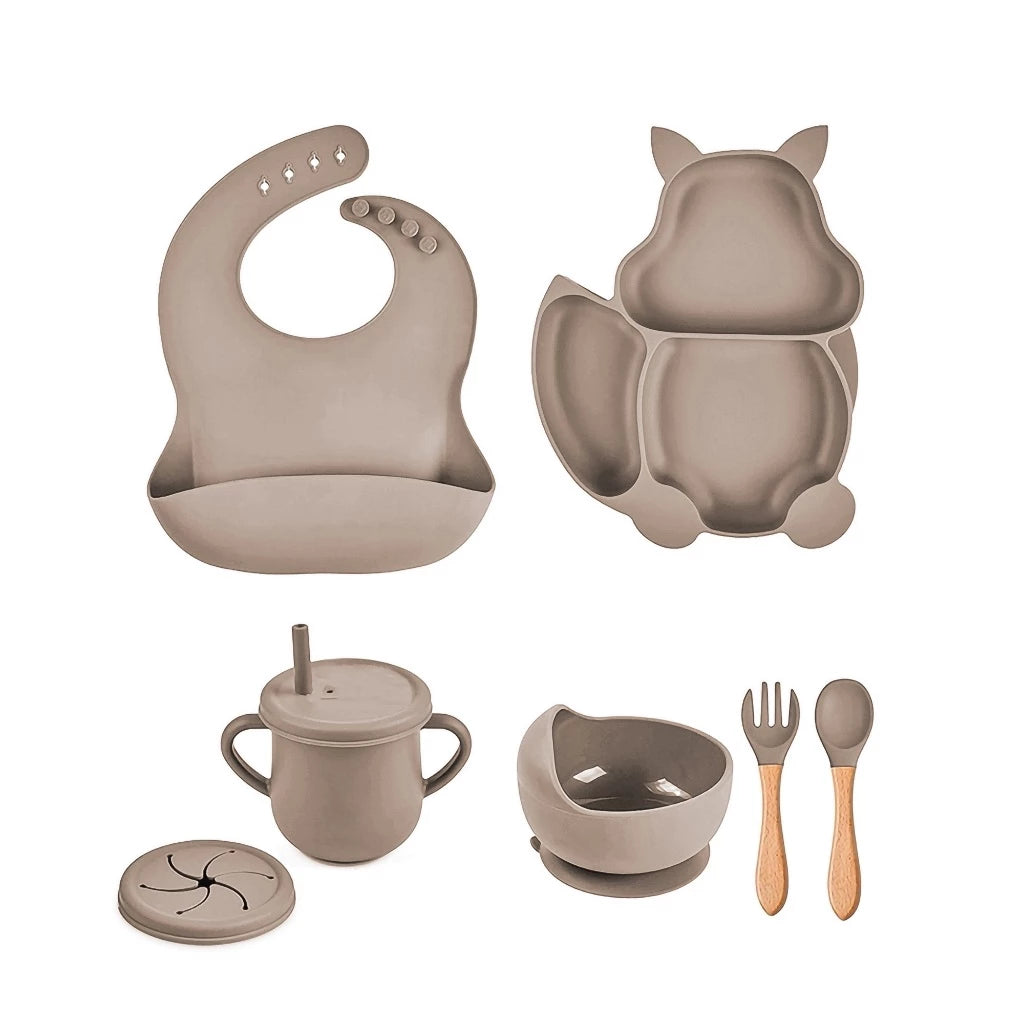 Kit 7 Pcs, Prato Formato Esquilo Com Ventosa, Babador, Conjunto Alimentação Para Bebê