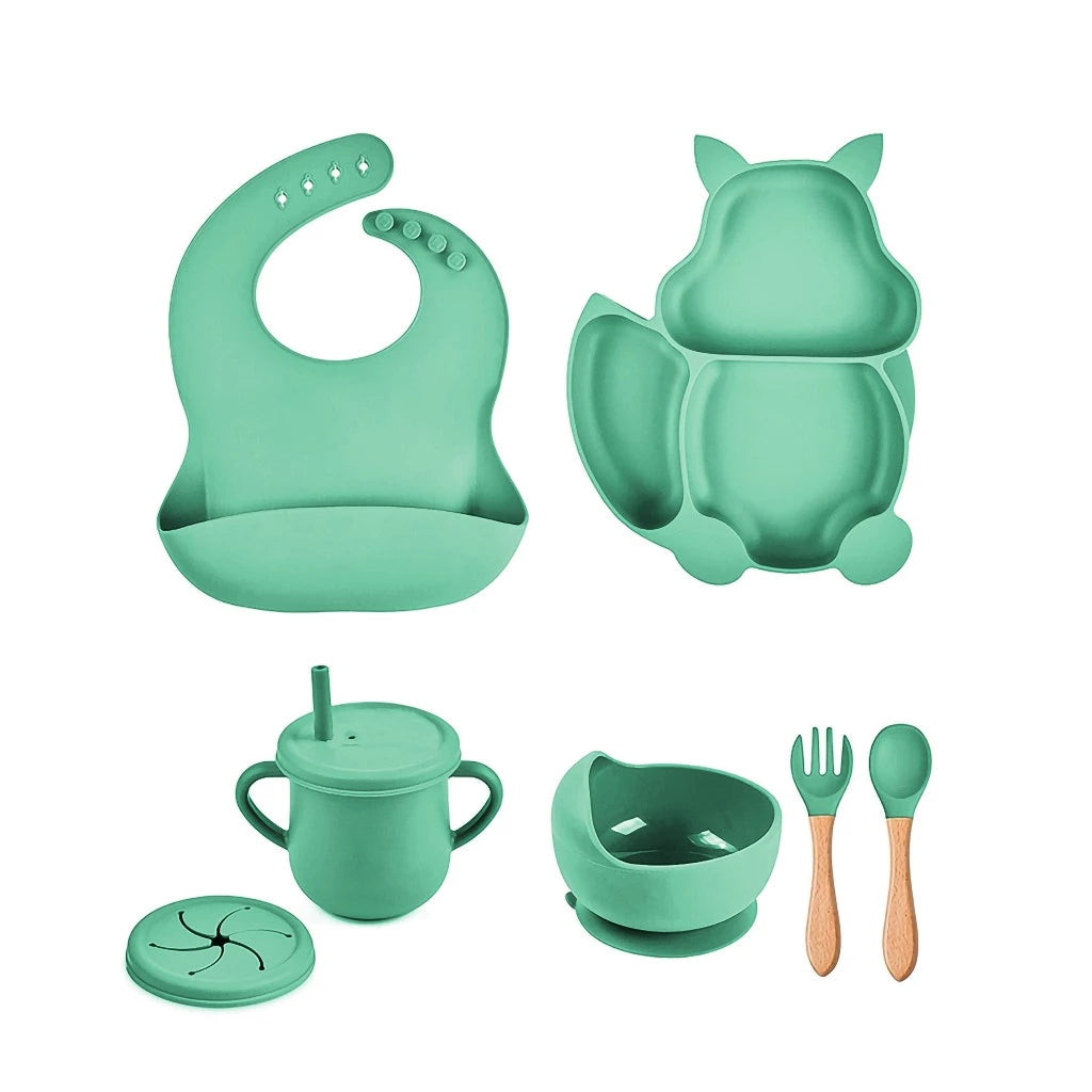 Kit 7 Pcs, Prato Formato Esquilo Com Ventosa, Babador, Conjunto Alimentação Para Bebê
