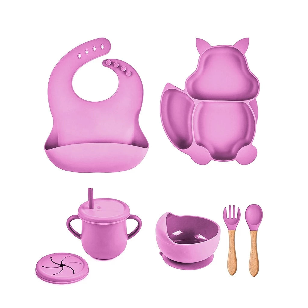 Kit 7 Pcs, Prato Formato Esquilo Com Ventosa, Babador, Conjunto Alimentação Para Bebê