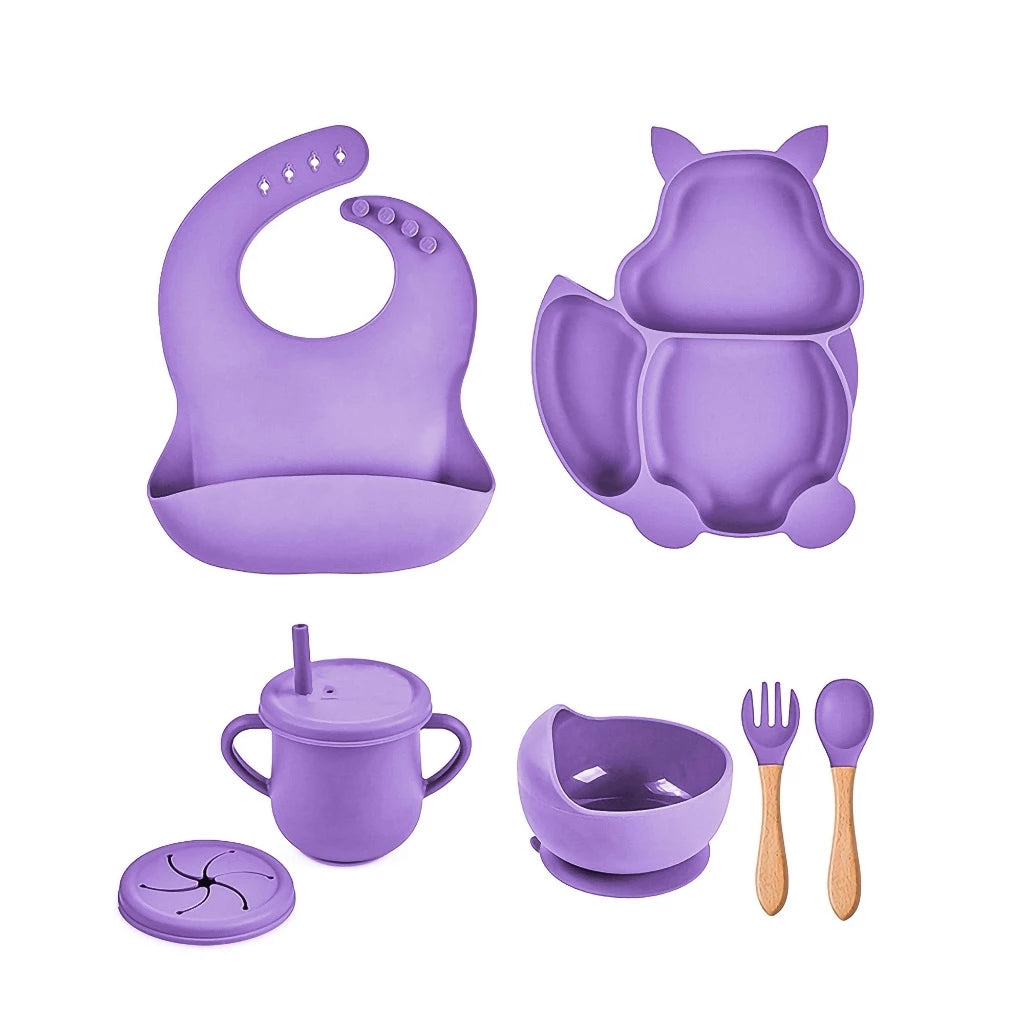 Kit 7 Pcs, Prato Formato Esquilo Com Ventosa, Babador, Conjunto Alimentação Para Bebê