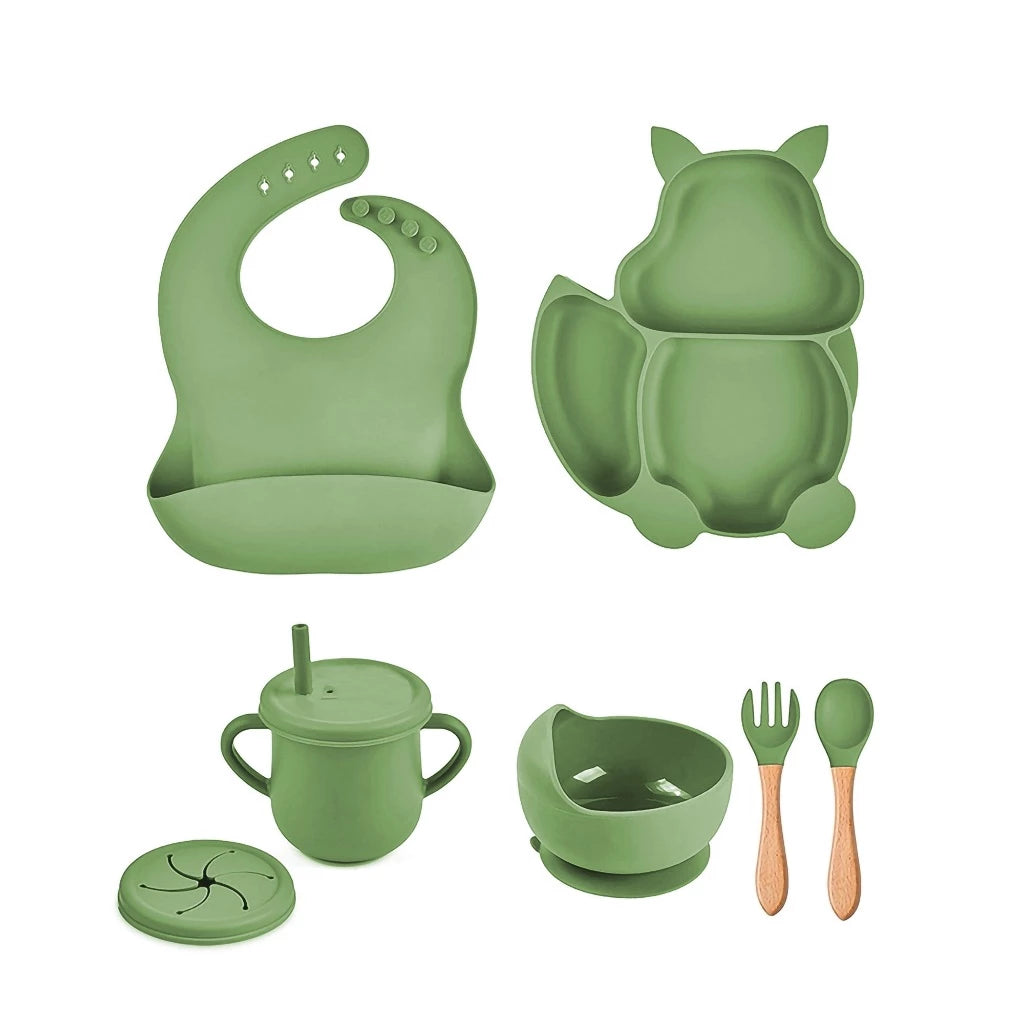 Kit 7 Pcs, Prato Formato Esquilo Com Ventosa, Babador, Conjunto Alimentação Para Bebê